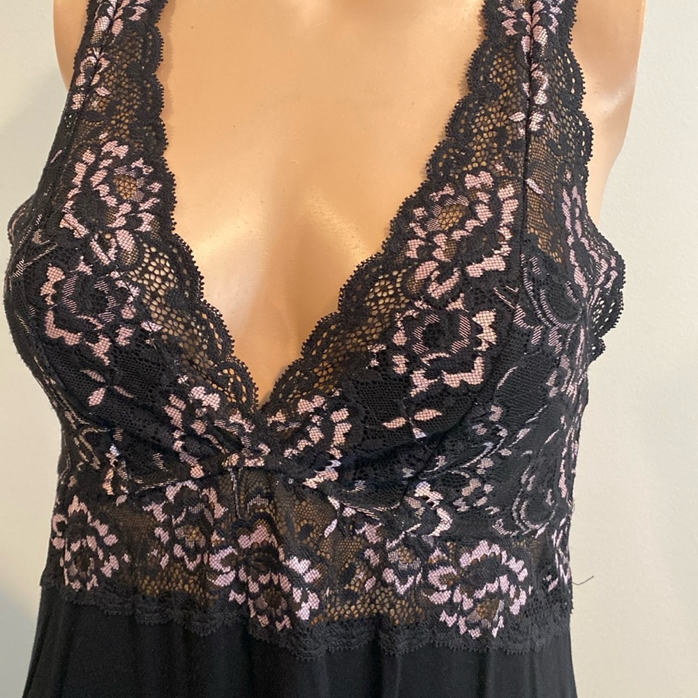 Black chemise with pink and black lace.